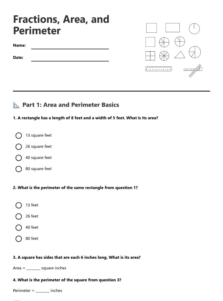 Fractions, Area, and Perimeter worksheet preview