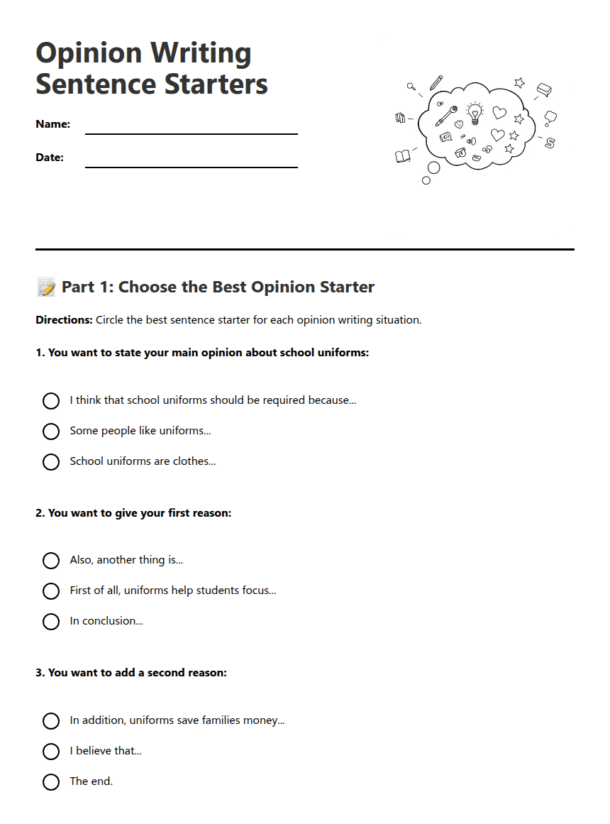 Opinion Writing Sentence Starters worksheet preview