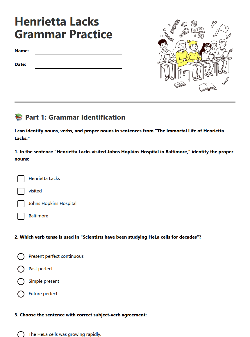 Henrietta Lacks Grammar Practice worksheet preview