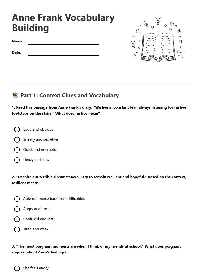 Anne Frank Vocabulary Building worksheet preview