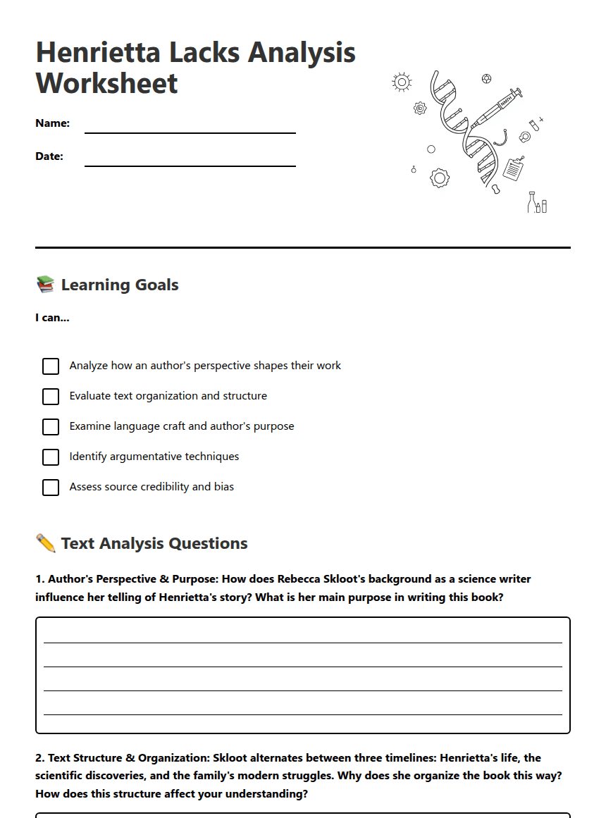 Henrietta Lacks Analysis Worksheet worksheet preview
