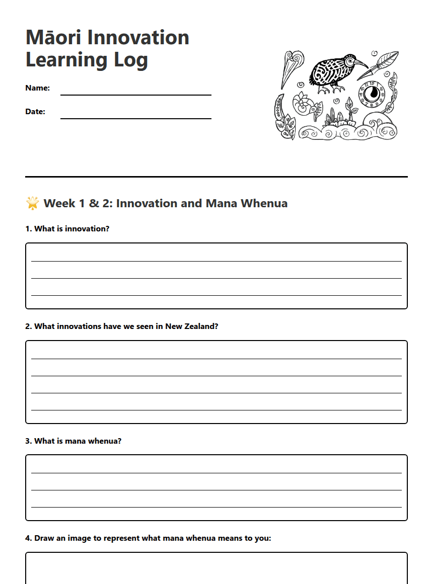 Māori Innovation Learning Log worksheet preview