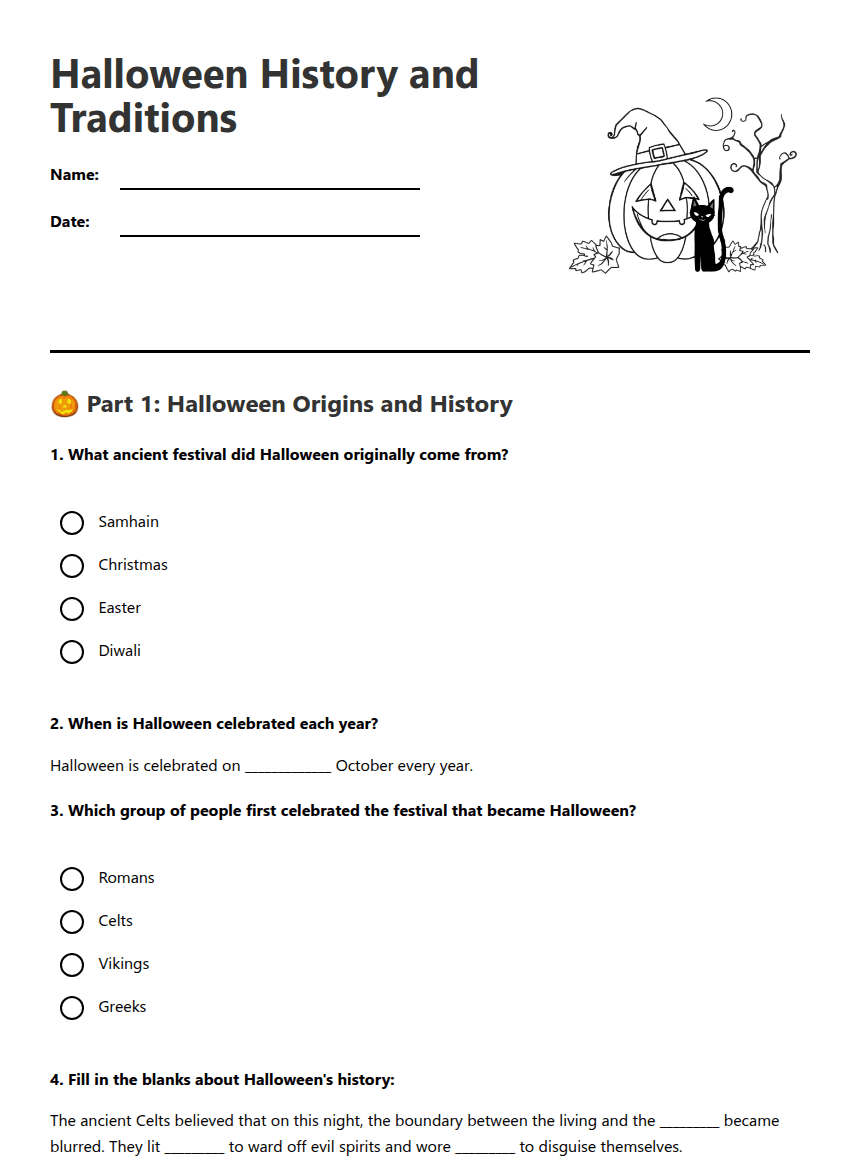Halloween History and Traditions worksheet preview