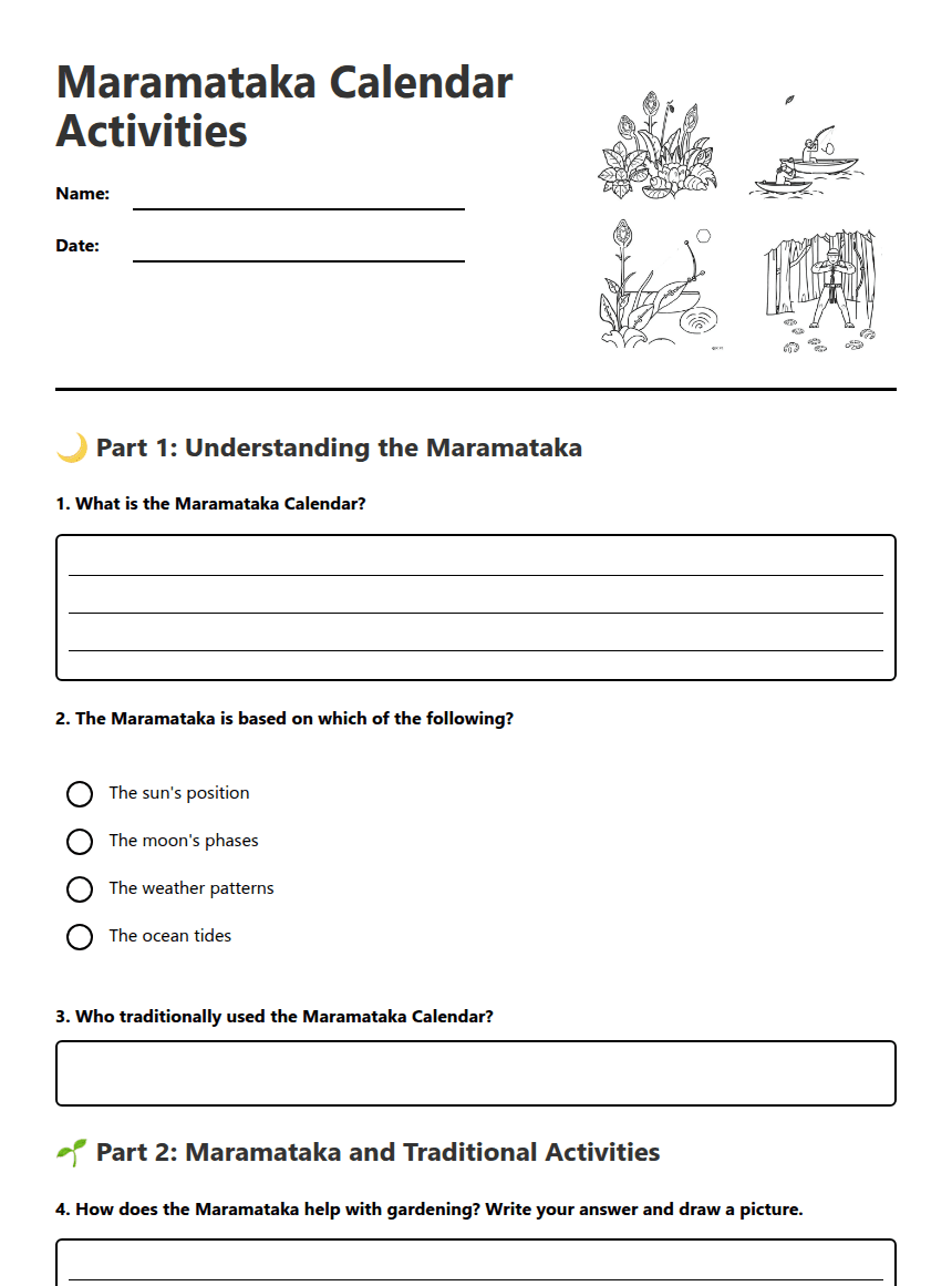 Maramataka Calendar Activities worksheet preview