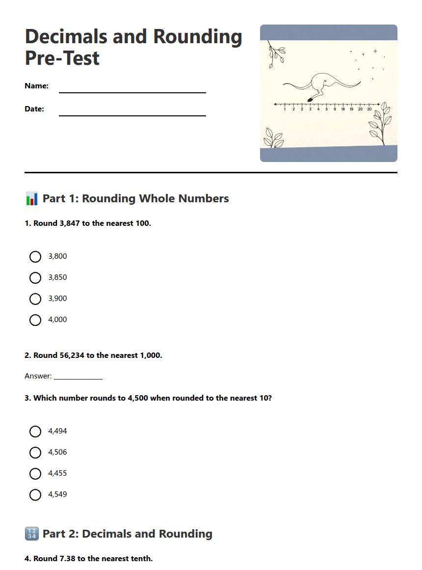 Decimals and Rounding Pre-Test worksheet preview