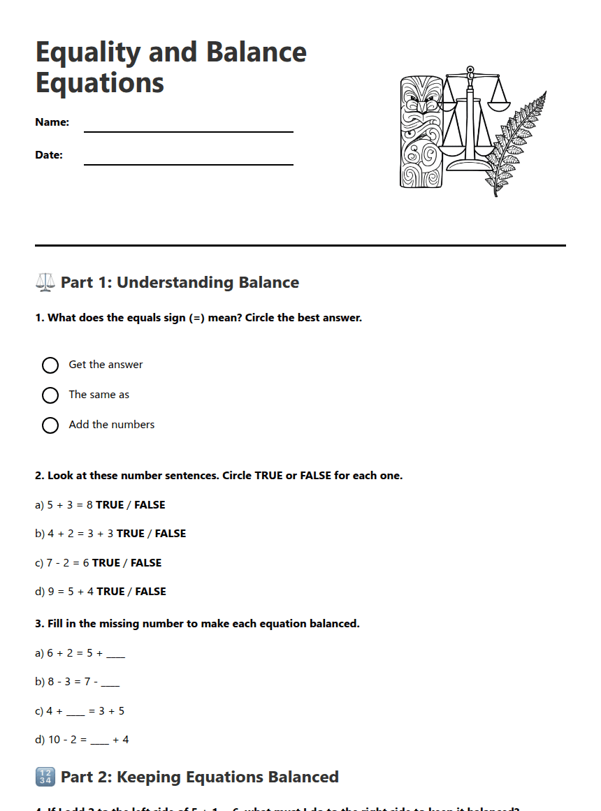 Equality and Balance Equations worksheet preview