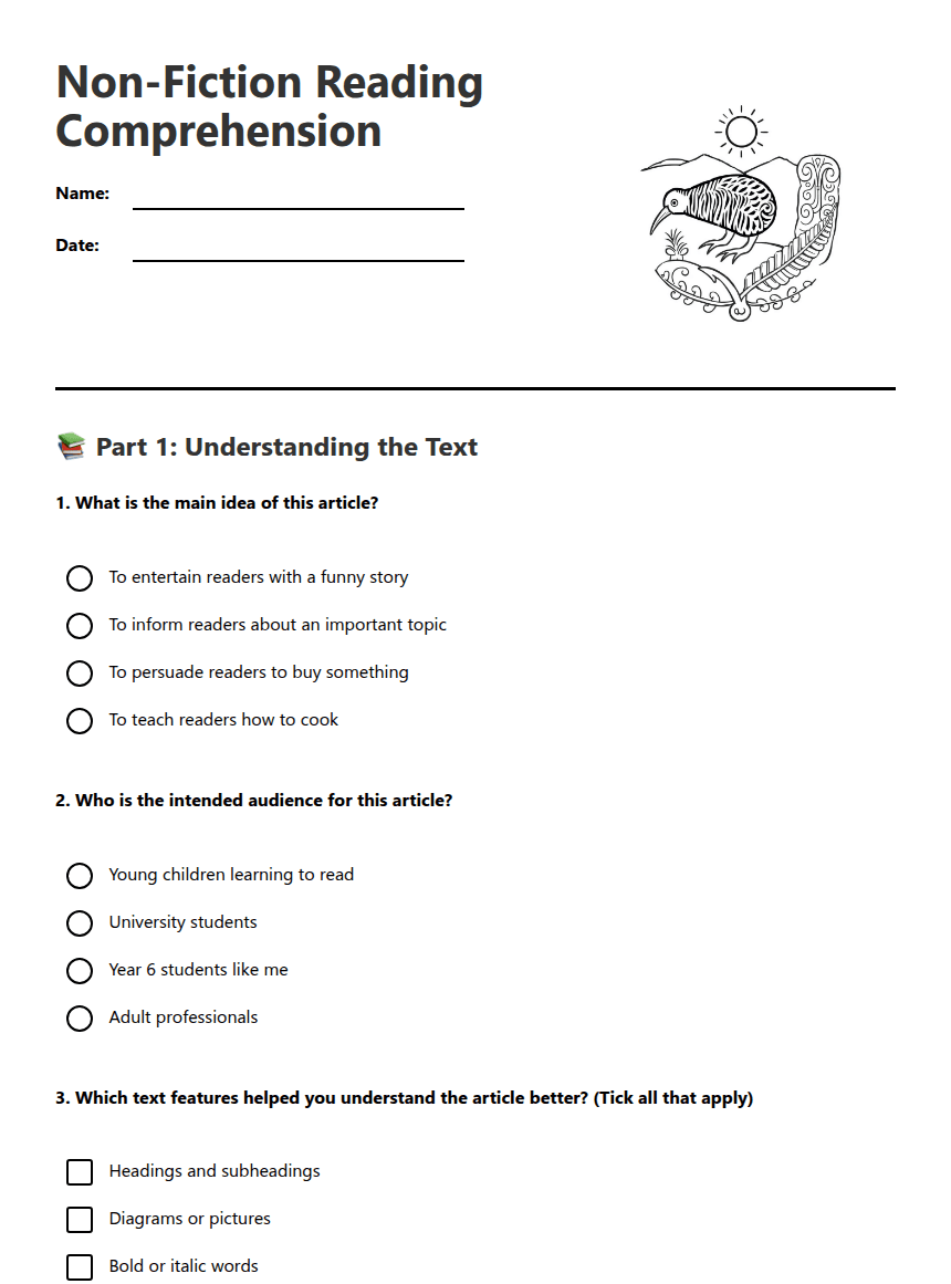 Non-Fiction Reading Comprehension worksheet preview