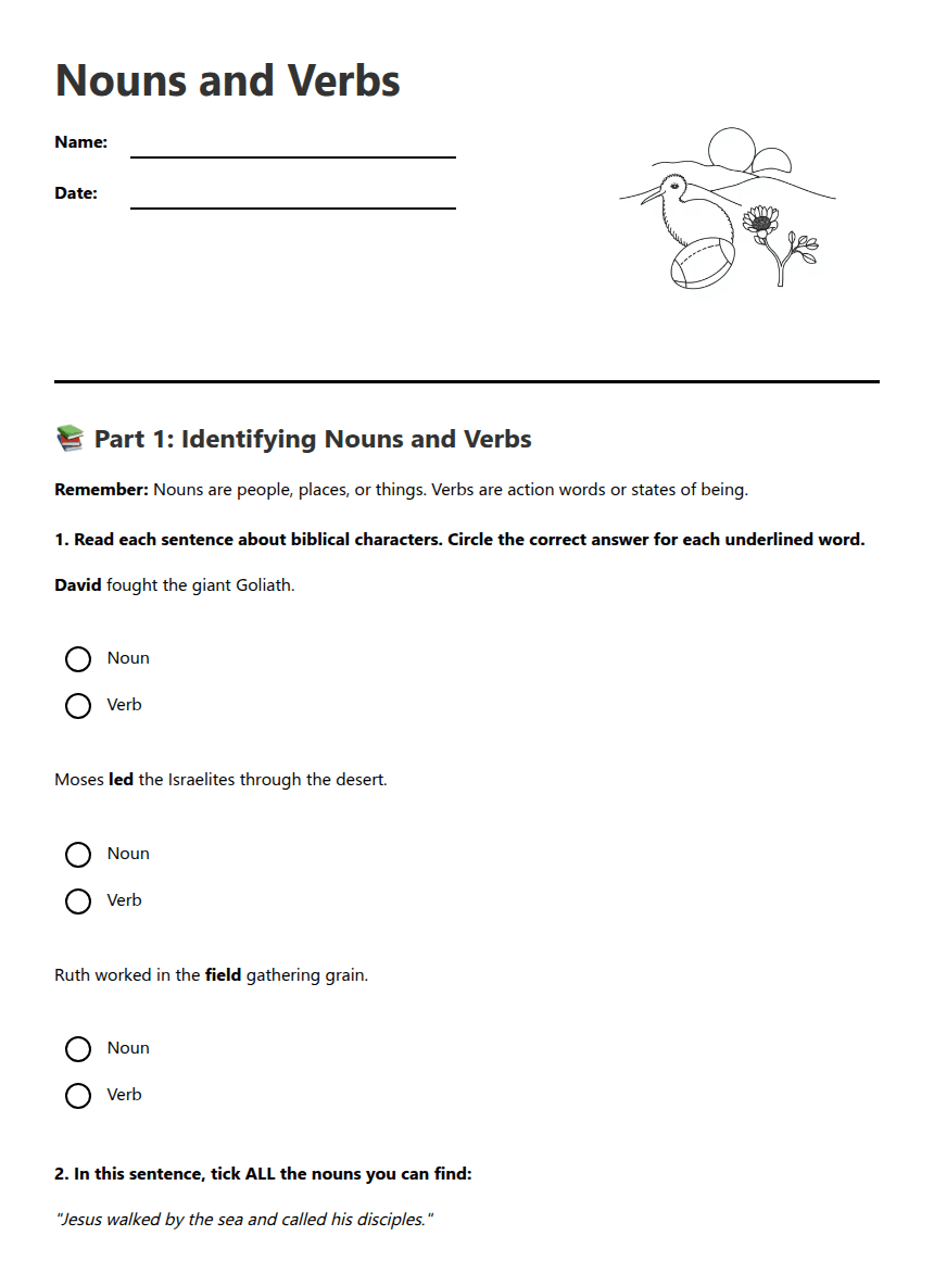 Nouns and Verbs worksheet preview
