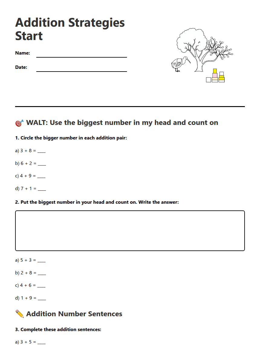 Addition Strategies Start worksheet preview