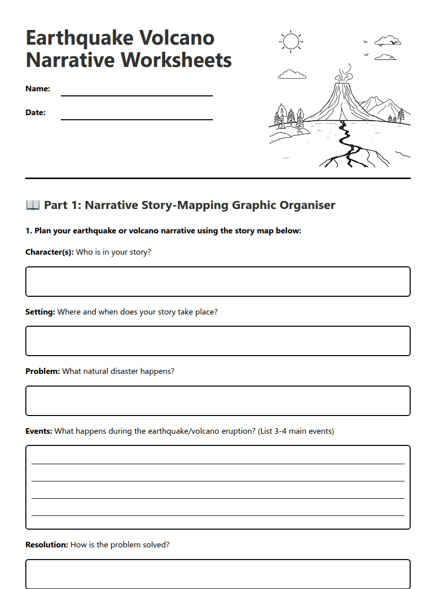 Earthquake Volcano Narrative Worksheets worksheet preview