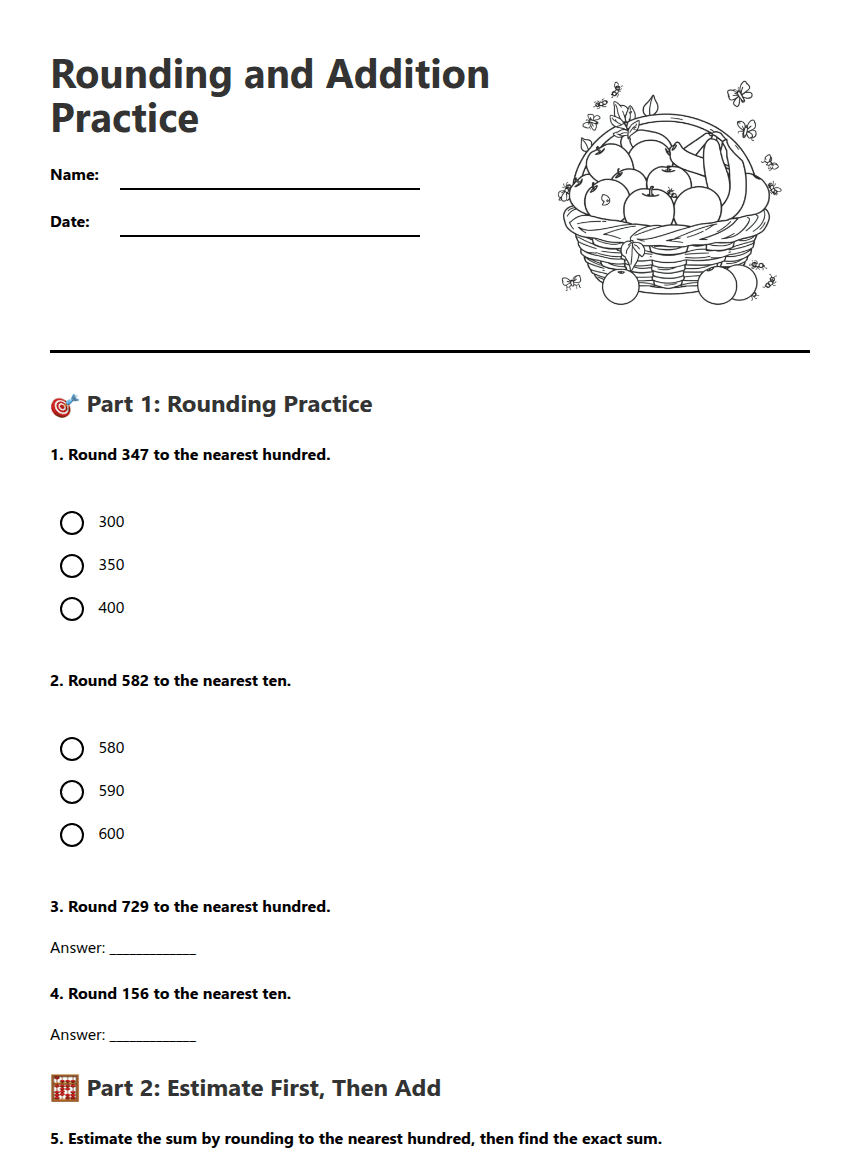 Rounding and Addition Practice worksheet preview