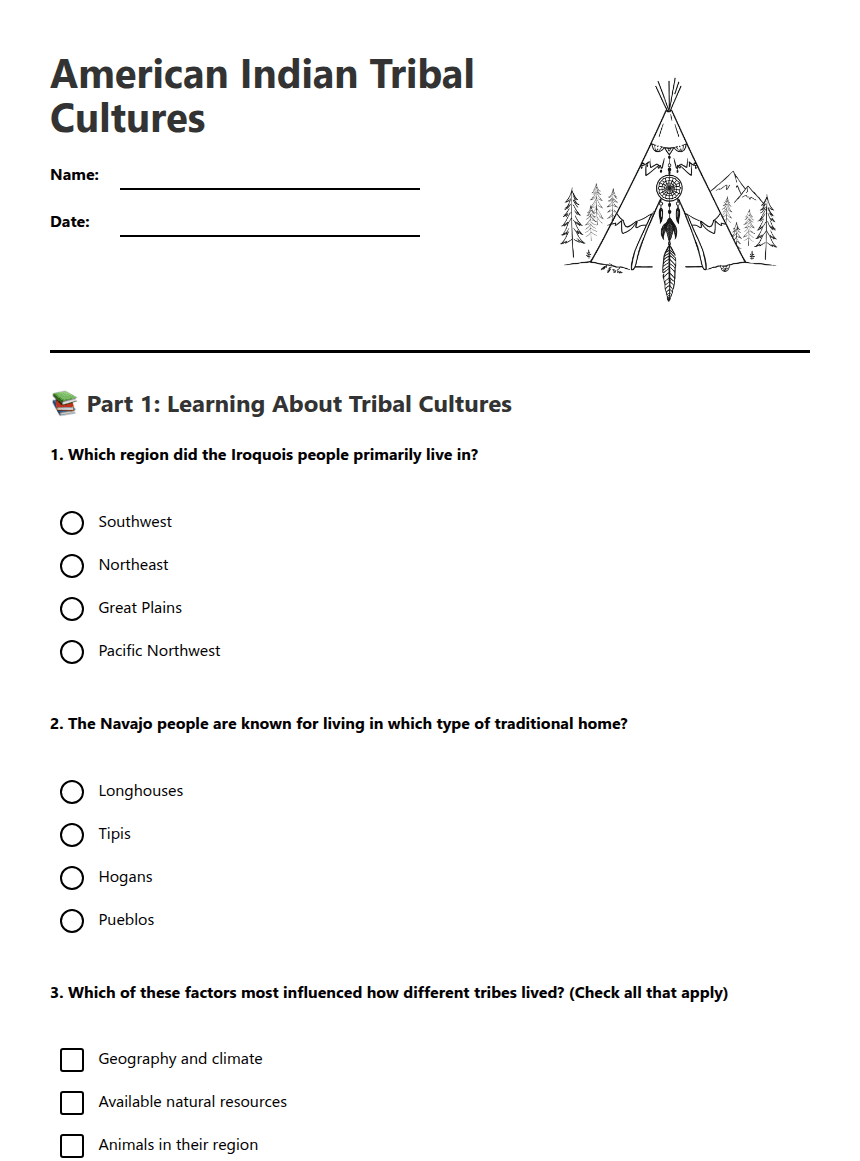 American Indian Tribal Cultures worksheet preview