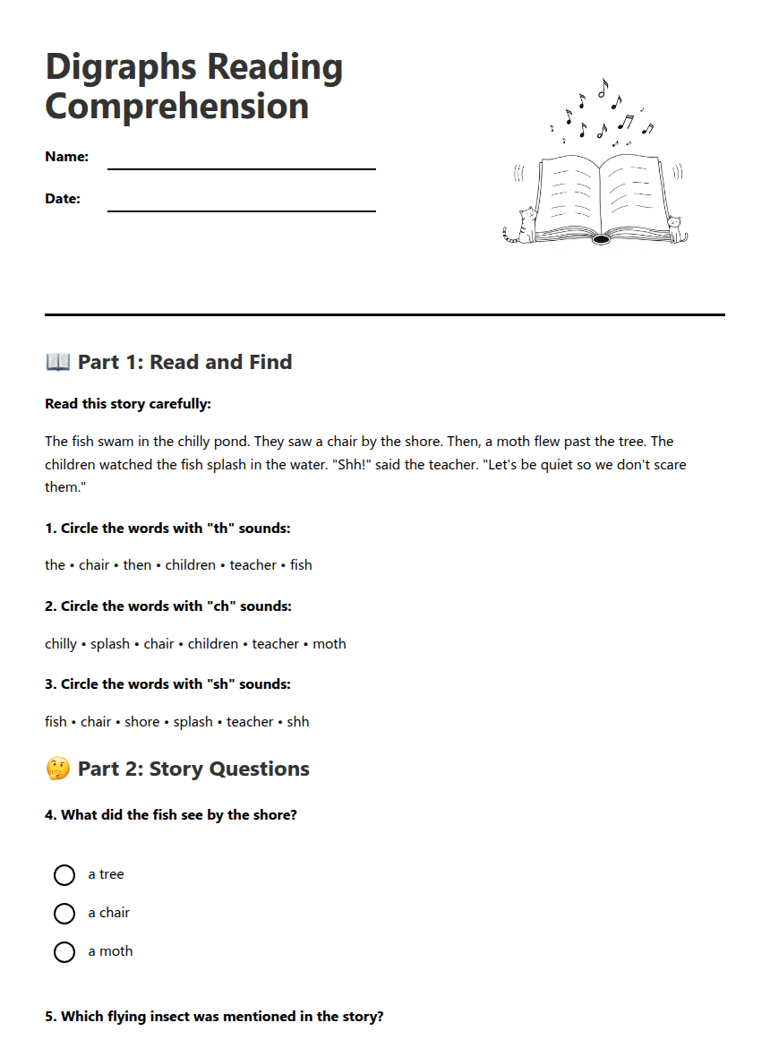 Digraphs Reading Comprehension worksheet preview