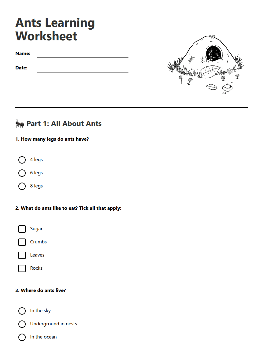 Ants Learning Worksheet worksheet preview