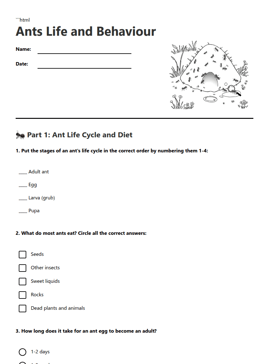 Ants Life and Behaviour worksheet preview
