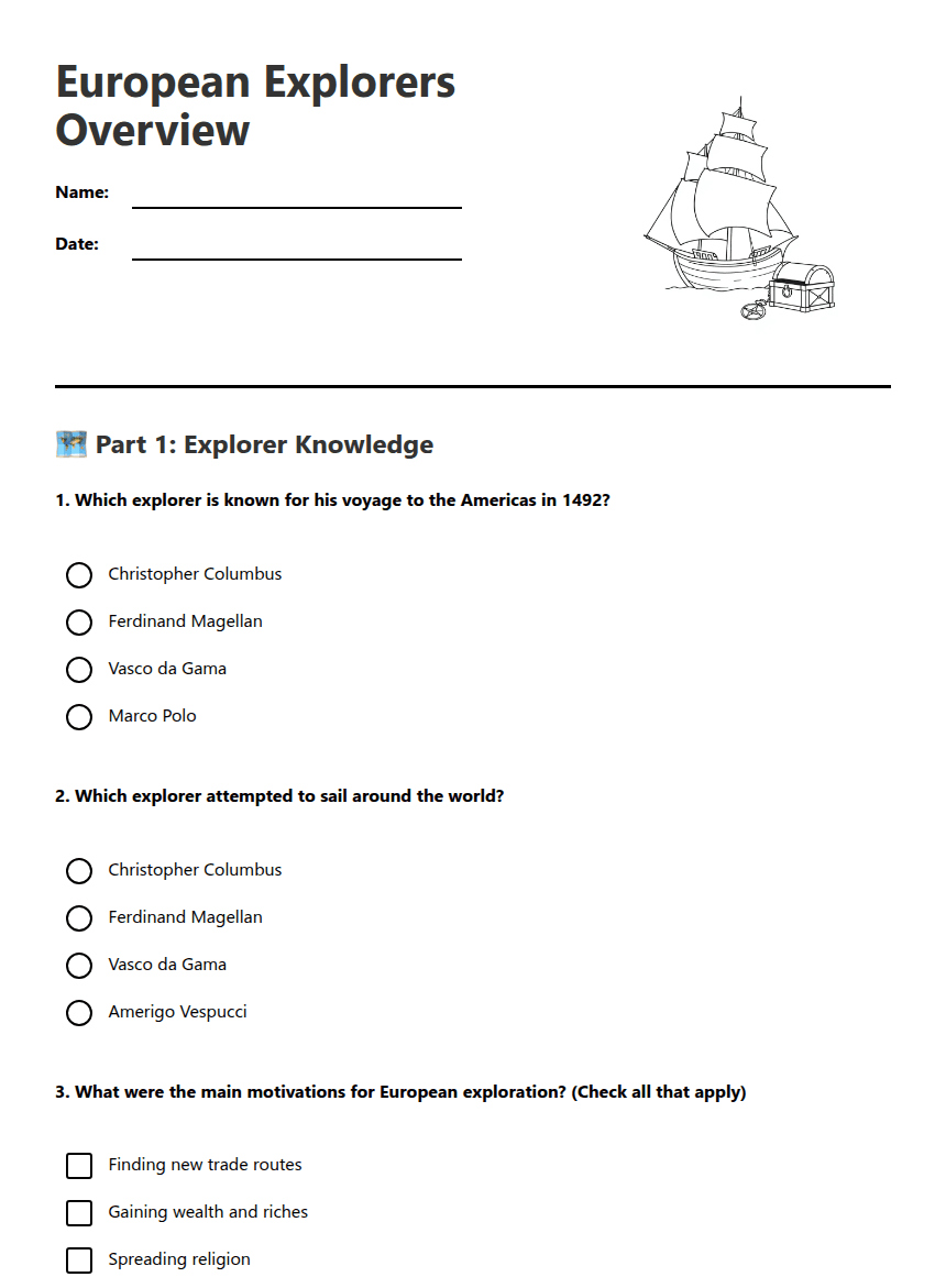 European Explorers Overview worksheet preview