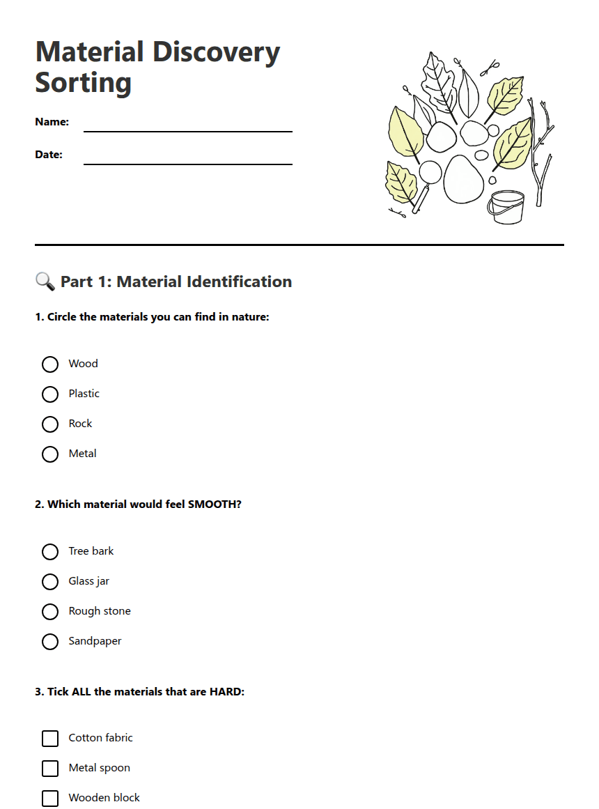 Material Discovery Sorting worksheet preview