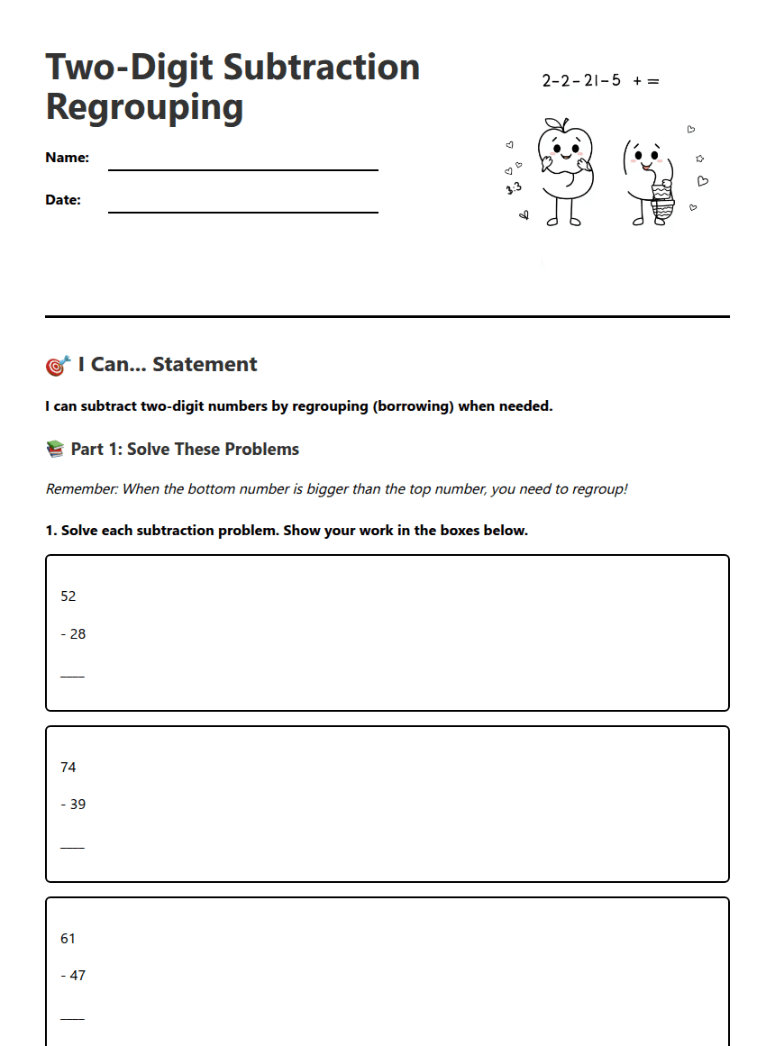 Two-Digit Subtraction Regrouping worksheet preview