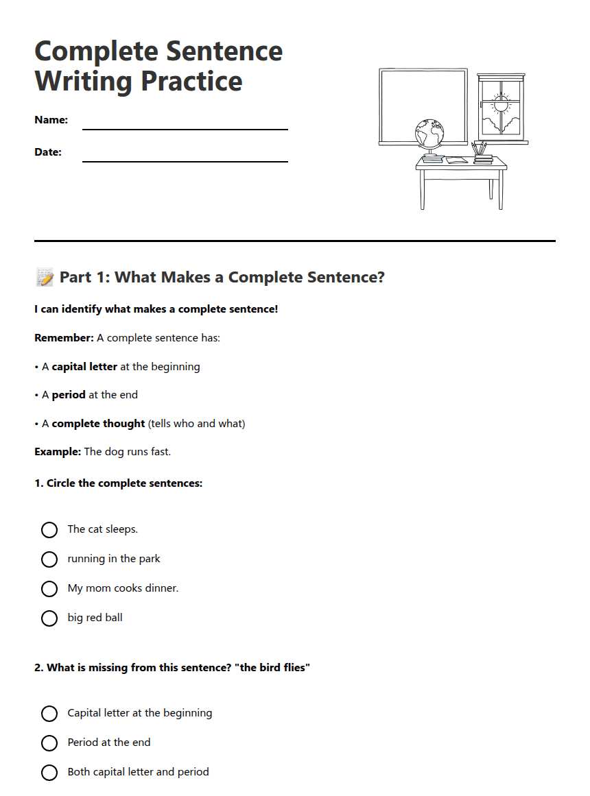 Complete Sentence Writing Practice worksheet preview
