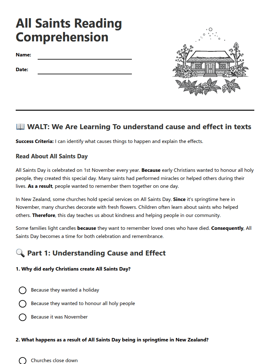 All Saints Reading Comprehension worksheet preview