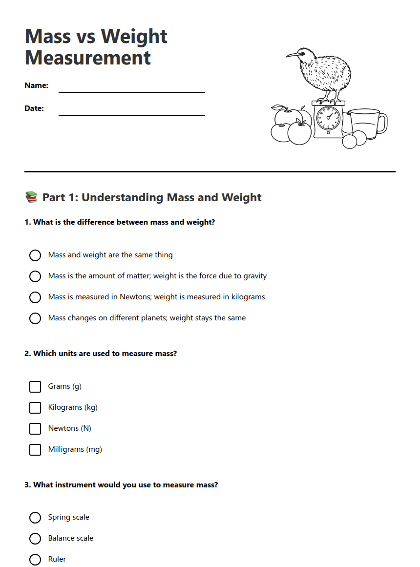 Mass vs Weight Measurement worksheet preview