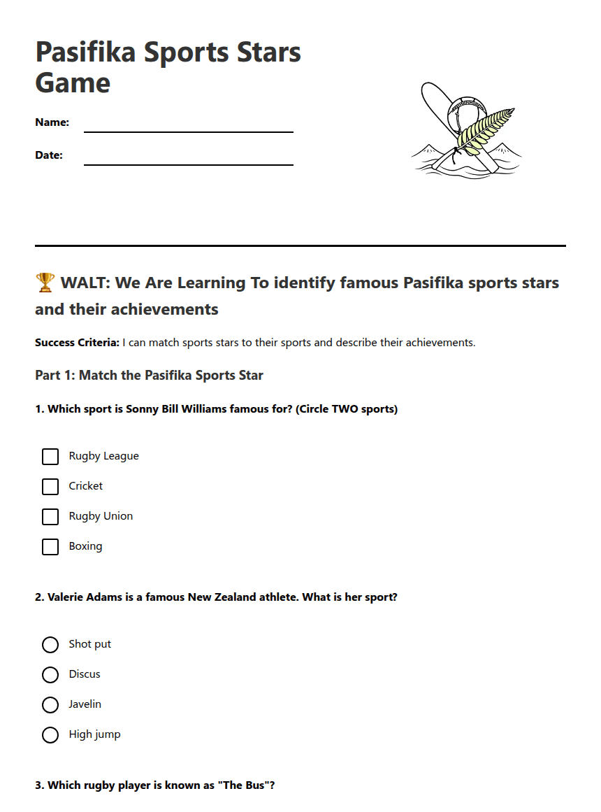 Pasifika Sports Stars Game worksheet preview