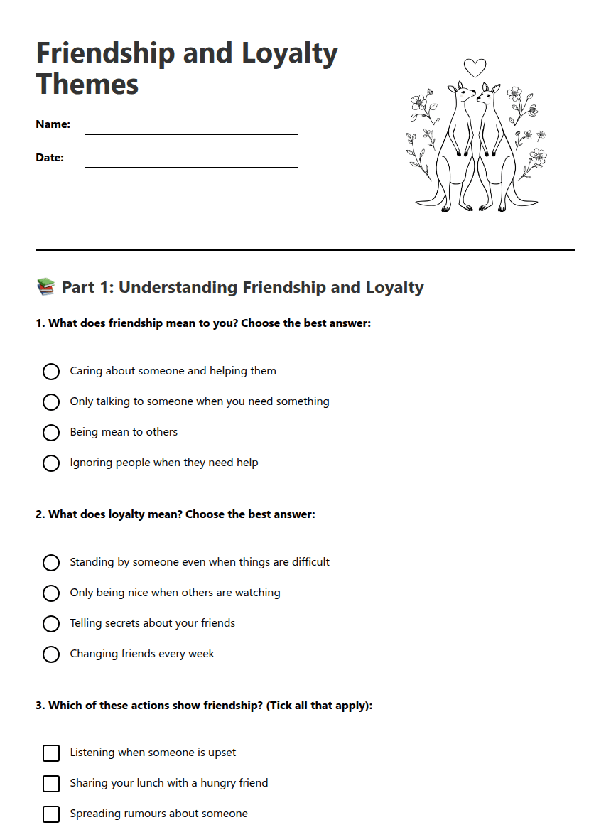 Friendship and Loyalty Themes worksheet preview