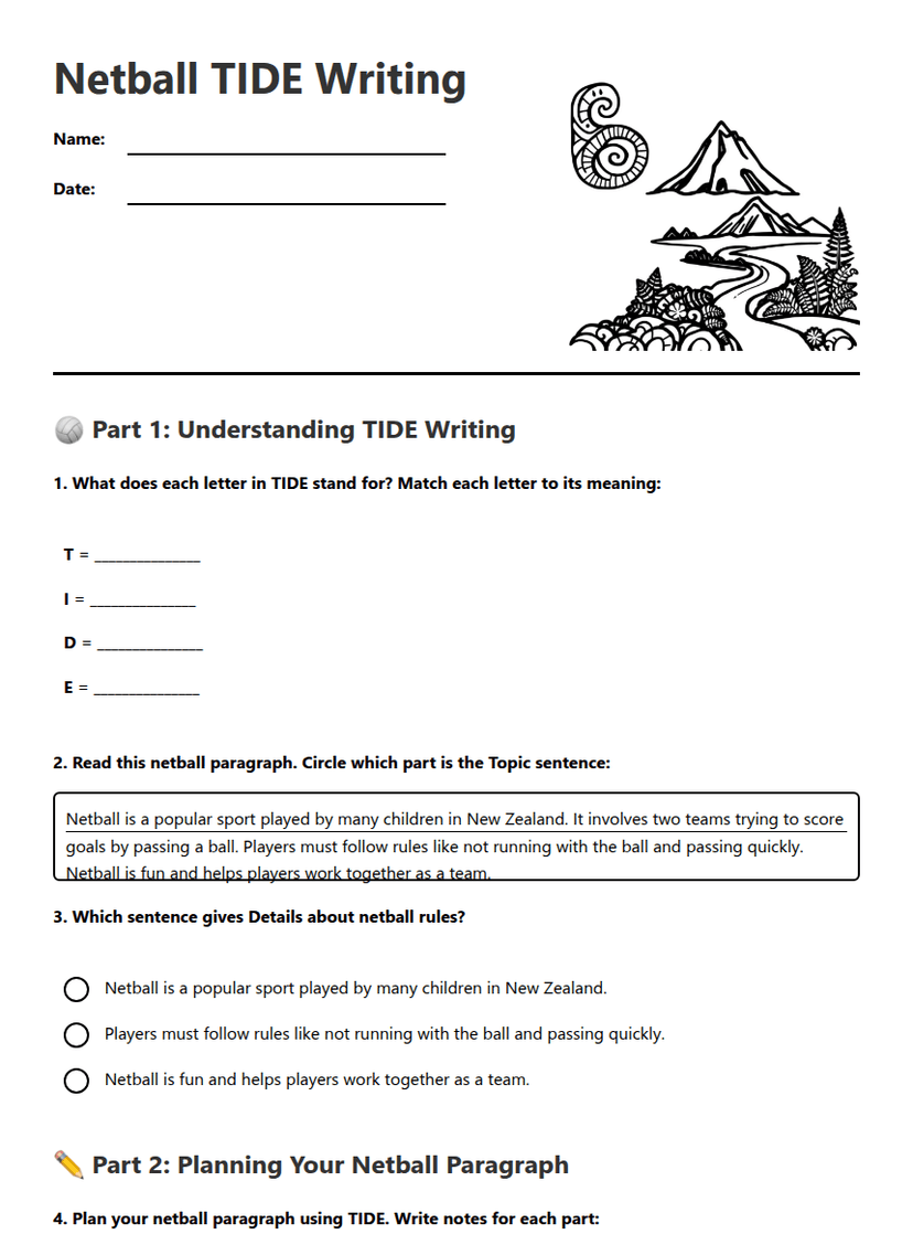 Netball TIDE Writing