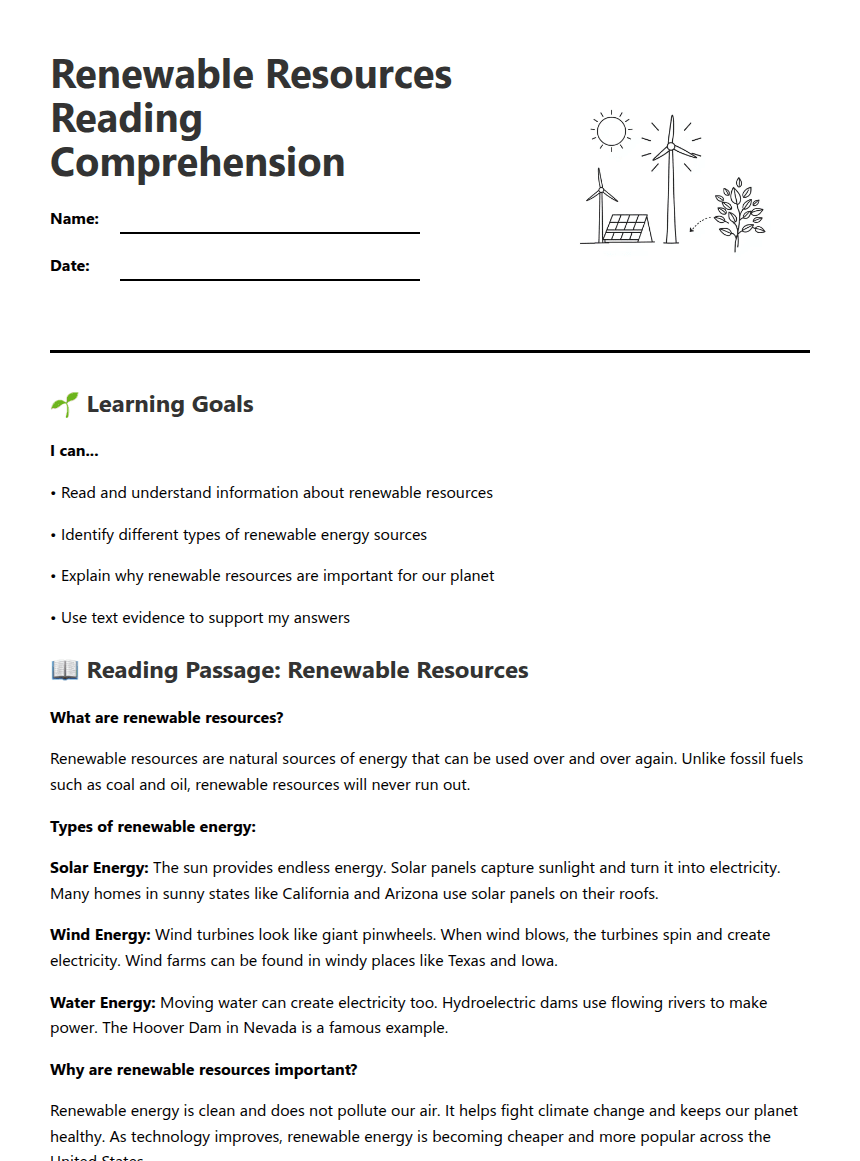 Renewable Resources Reading Comprehension worksheet preview