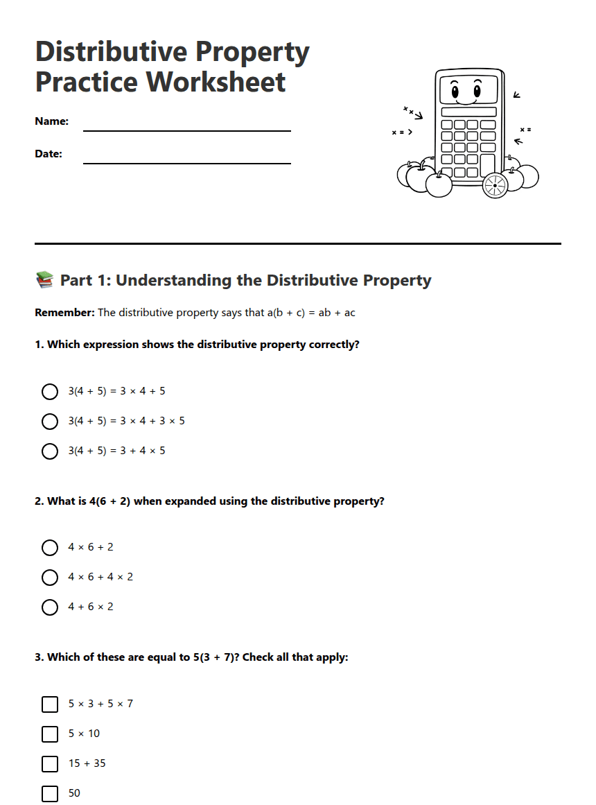 Distributive Property Practice Worksheet worksheet preview