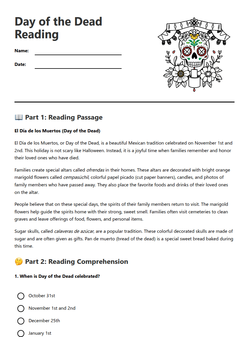 Day of the Dead Reading worksheet preview