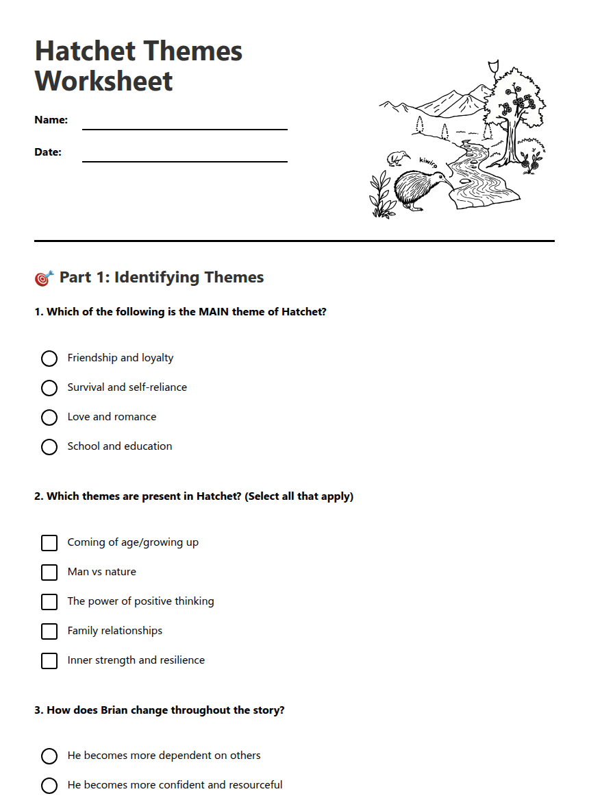 Hatchet Themes Worksheet worksheet preview
