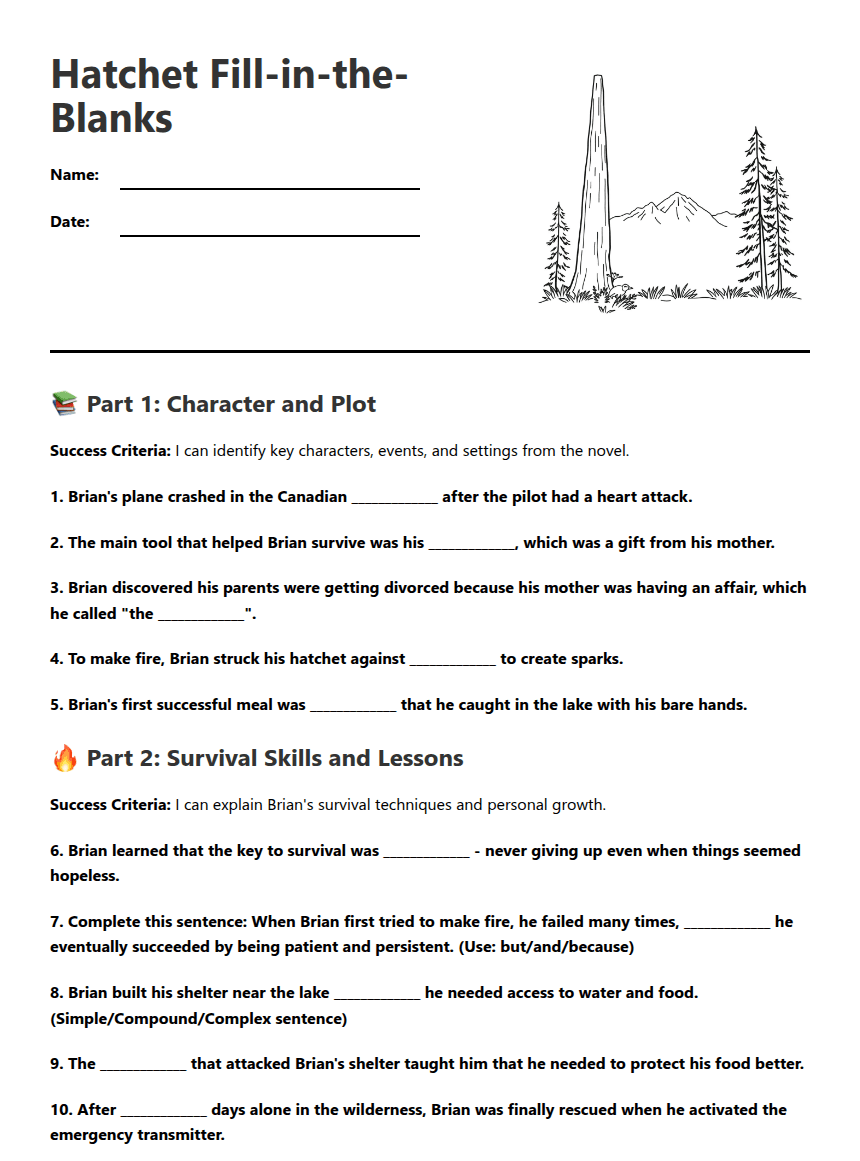 Hatchet Fill-in-the-Blanks worksheet preview