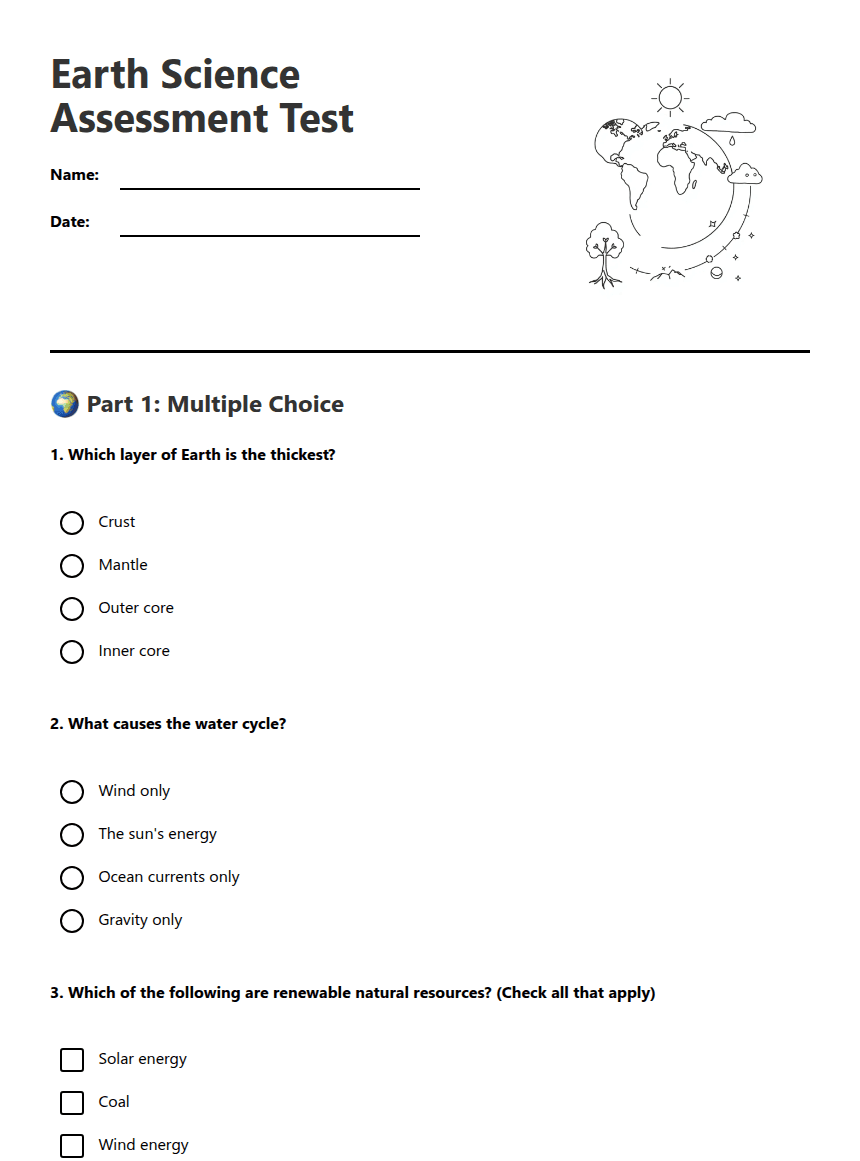 Earth Science Assessment Test worksheet preview