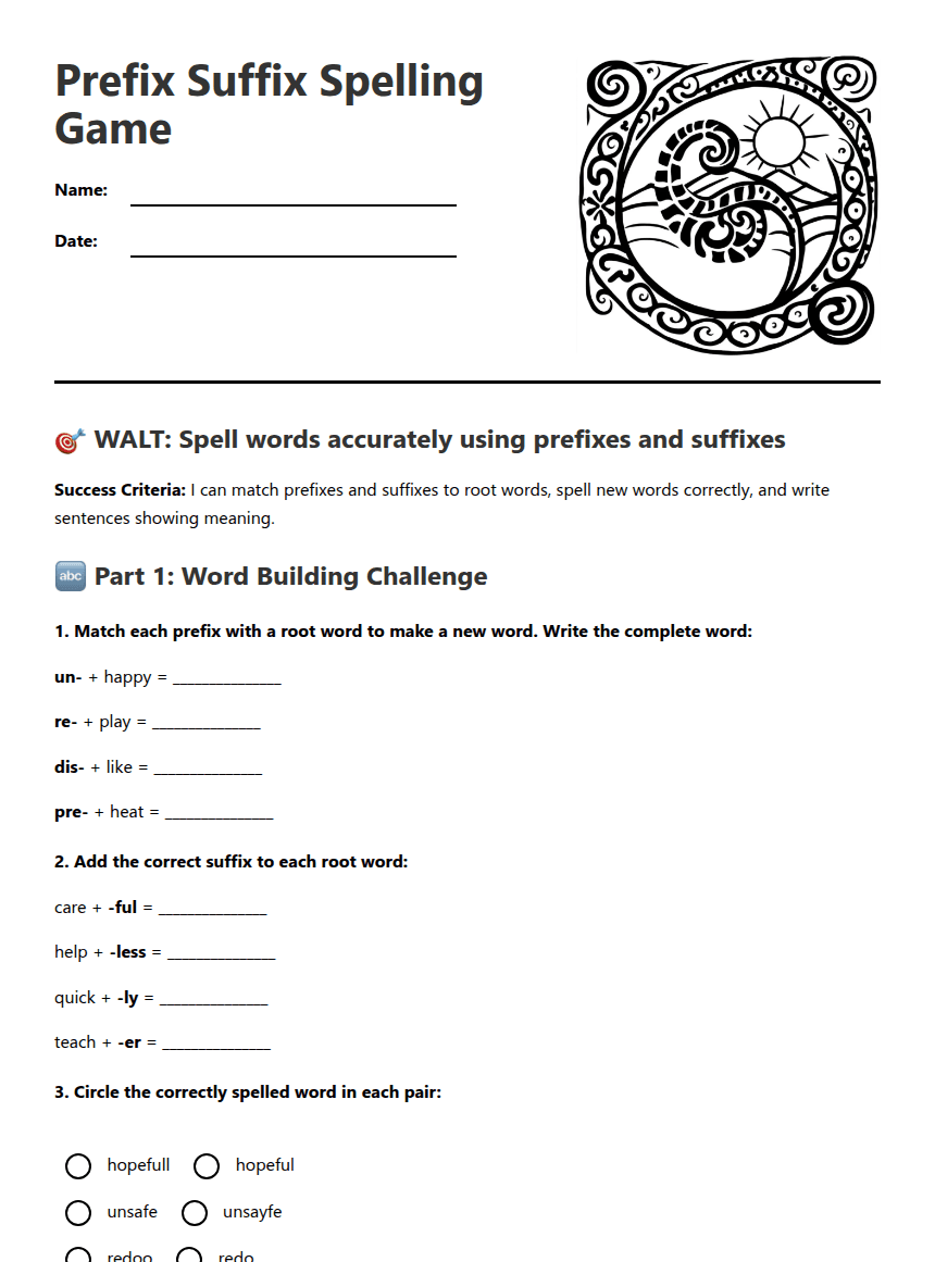 Prefix Suffix Spelling Game worksheet preview
