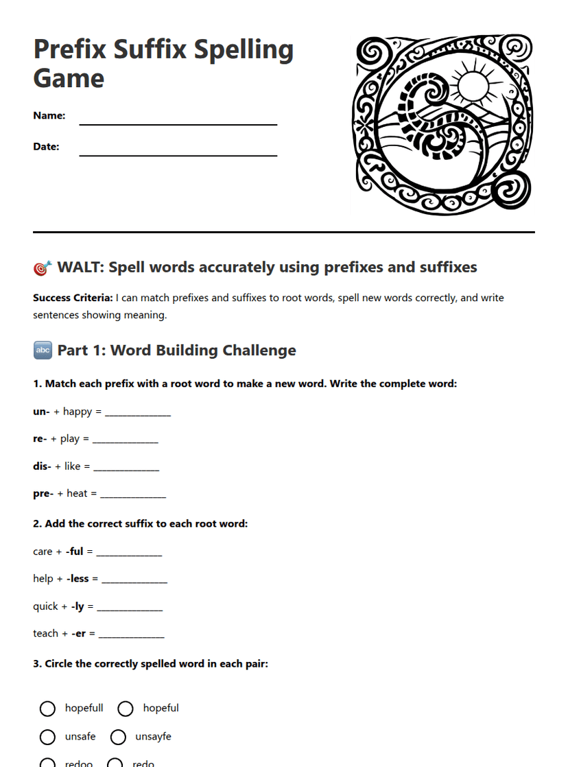 Prefix Suffix Spelling Game