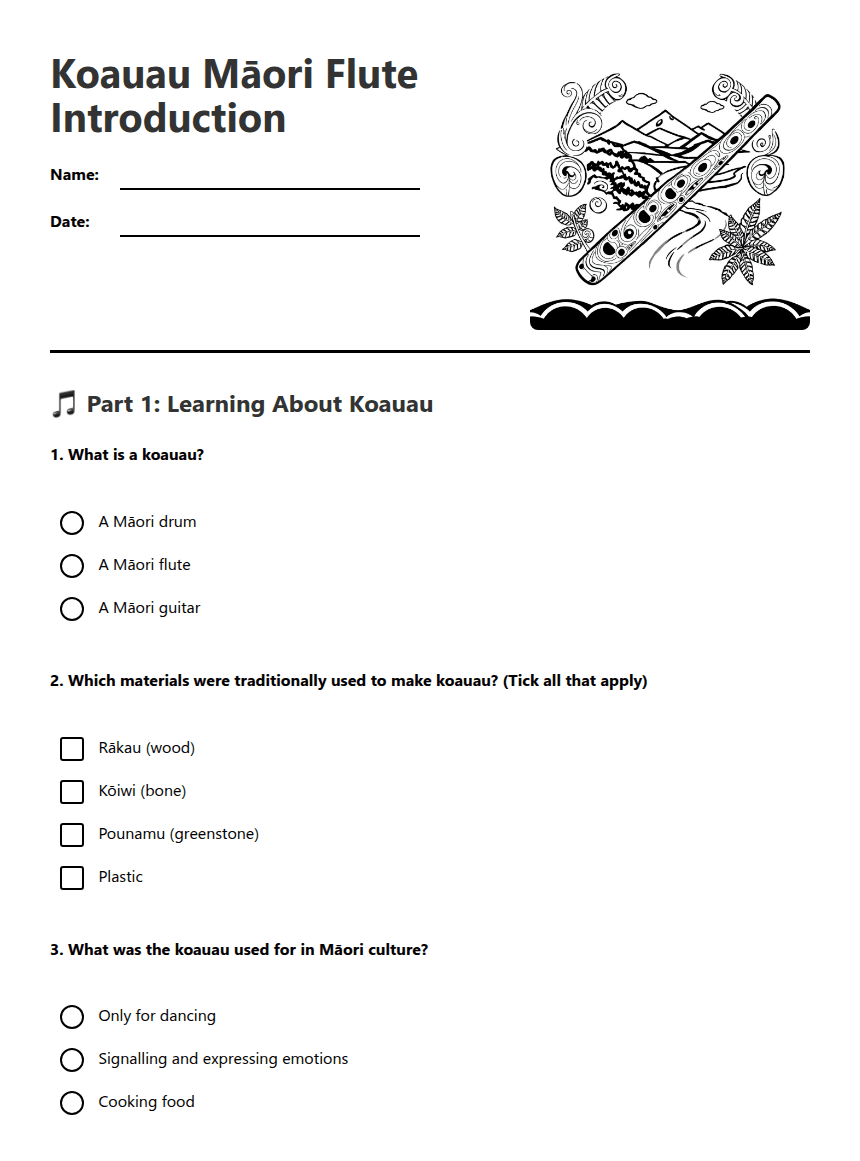 Koauau Māori Flute Introduction worksheet preview