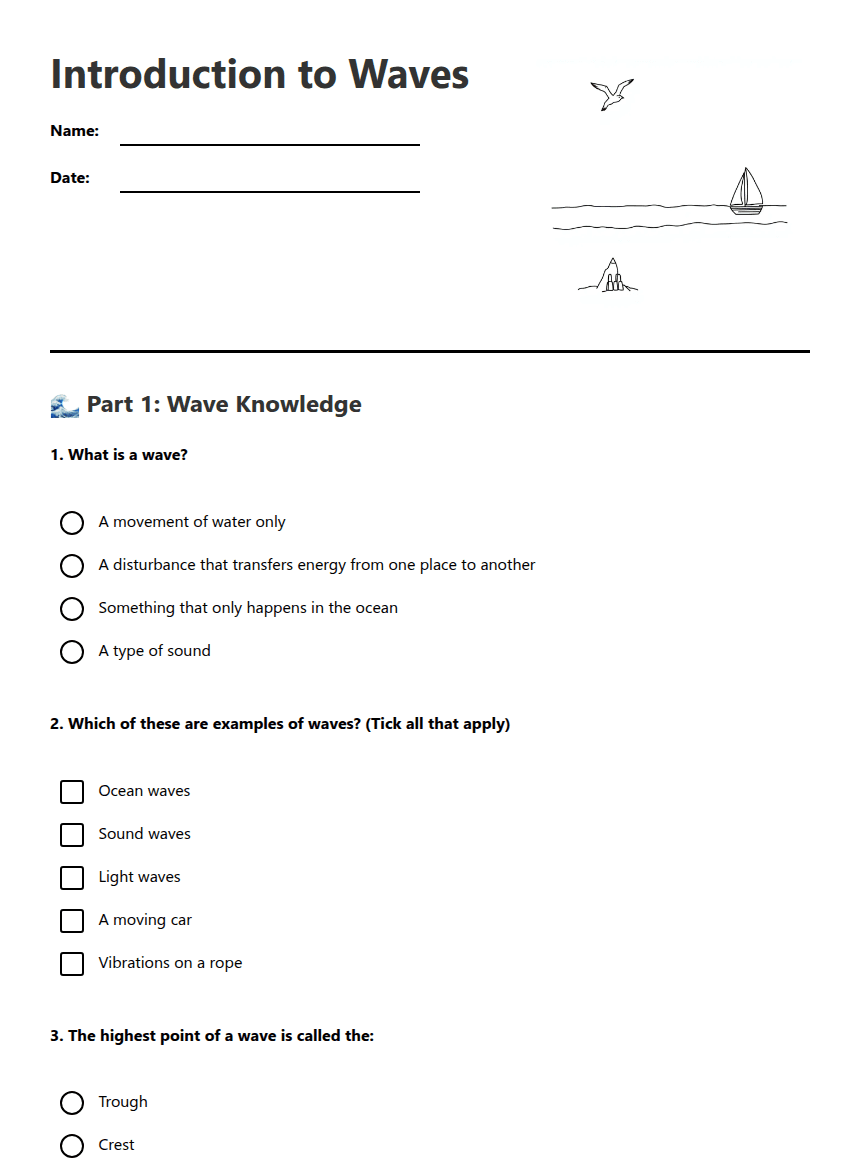 Introduction to Waves worksheet preview