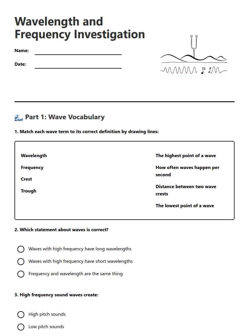 Wavelength and Frequency Investigation worksheet preview