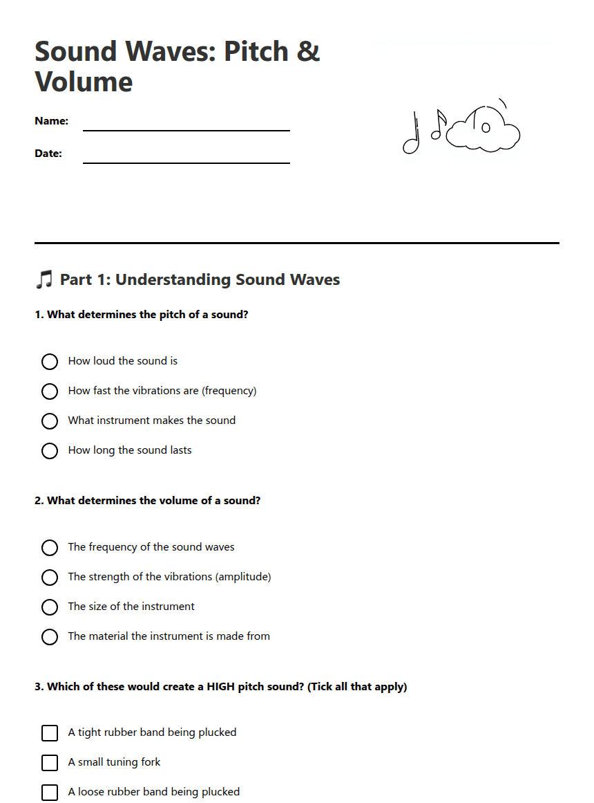 Sound Waves: Pitch Volume worksheet preview