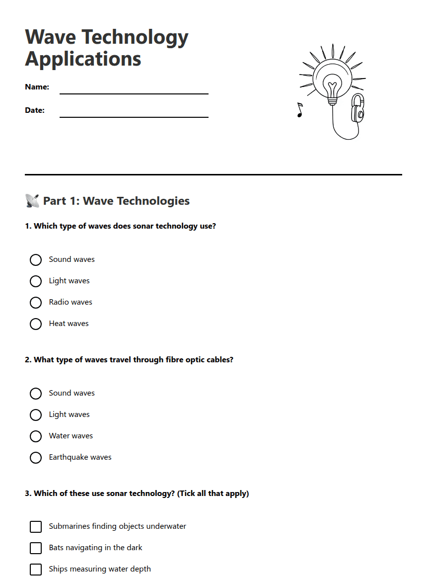 Wave Technology Applications worksheet preview