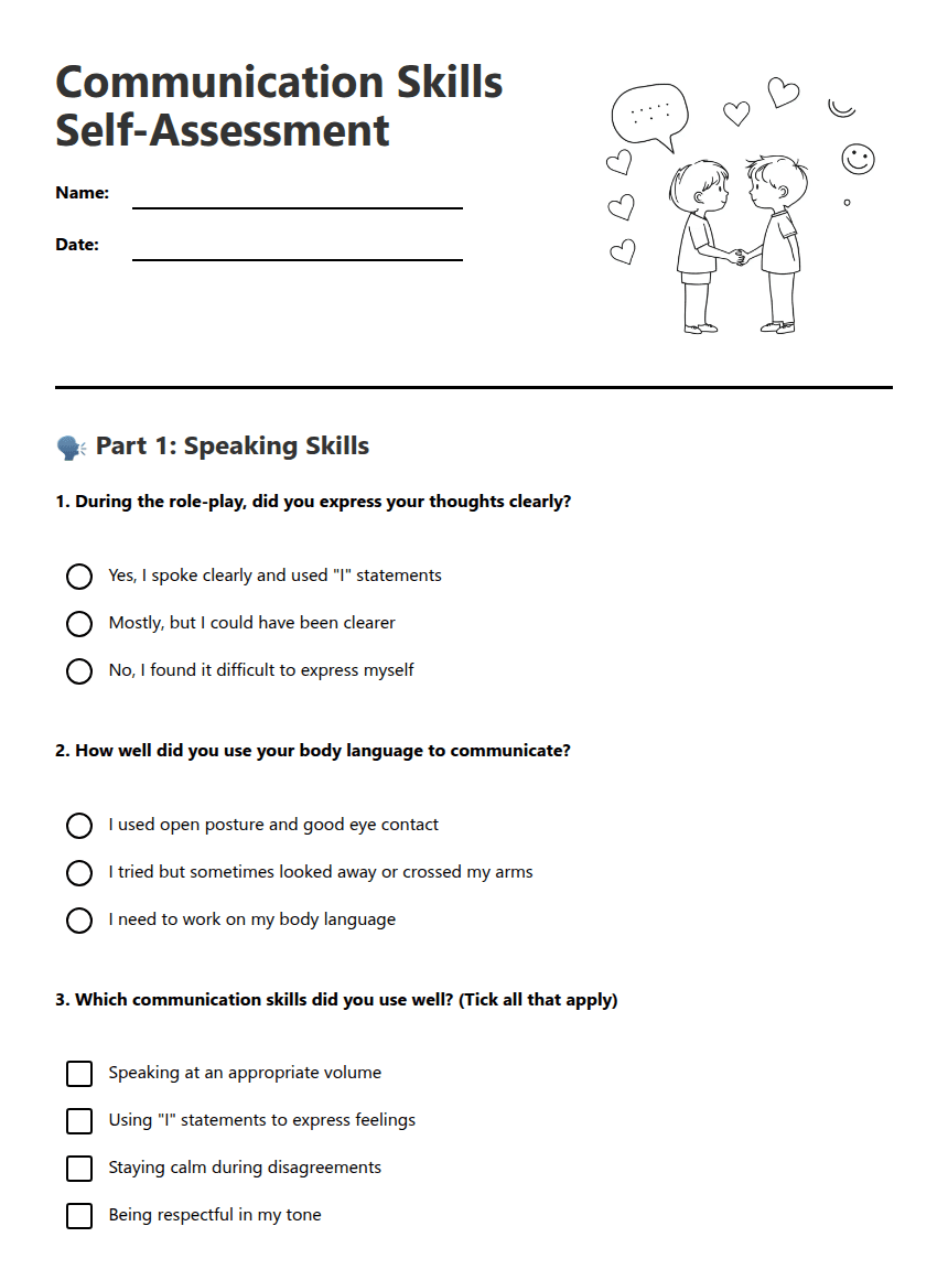 Communication Skills Self-Assessment worksheet preview