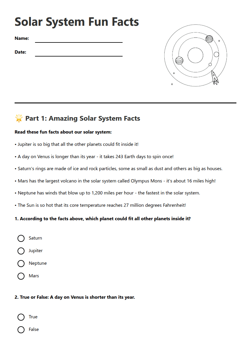Solar System Fun Facts worksheet preview