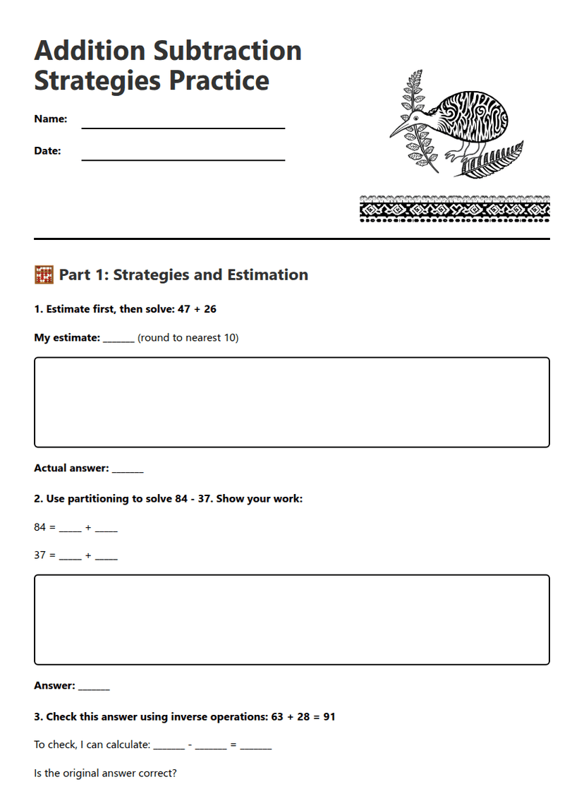 Addition Subtraction Strategies Practice