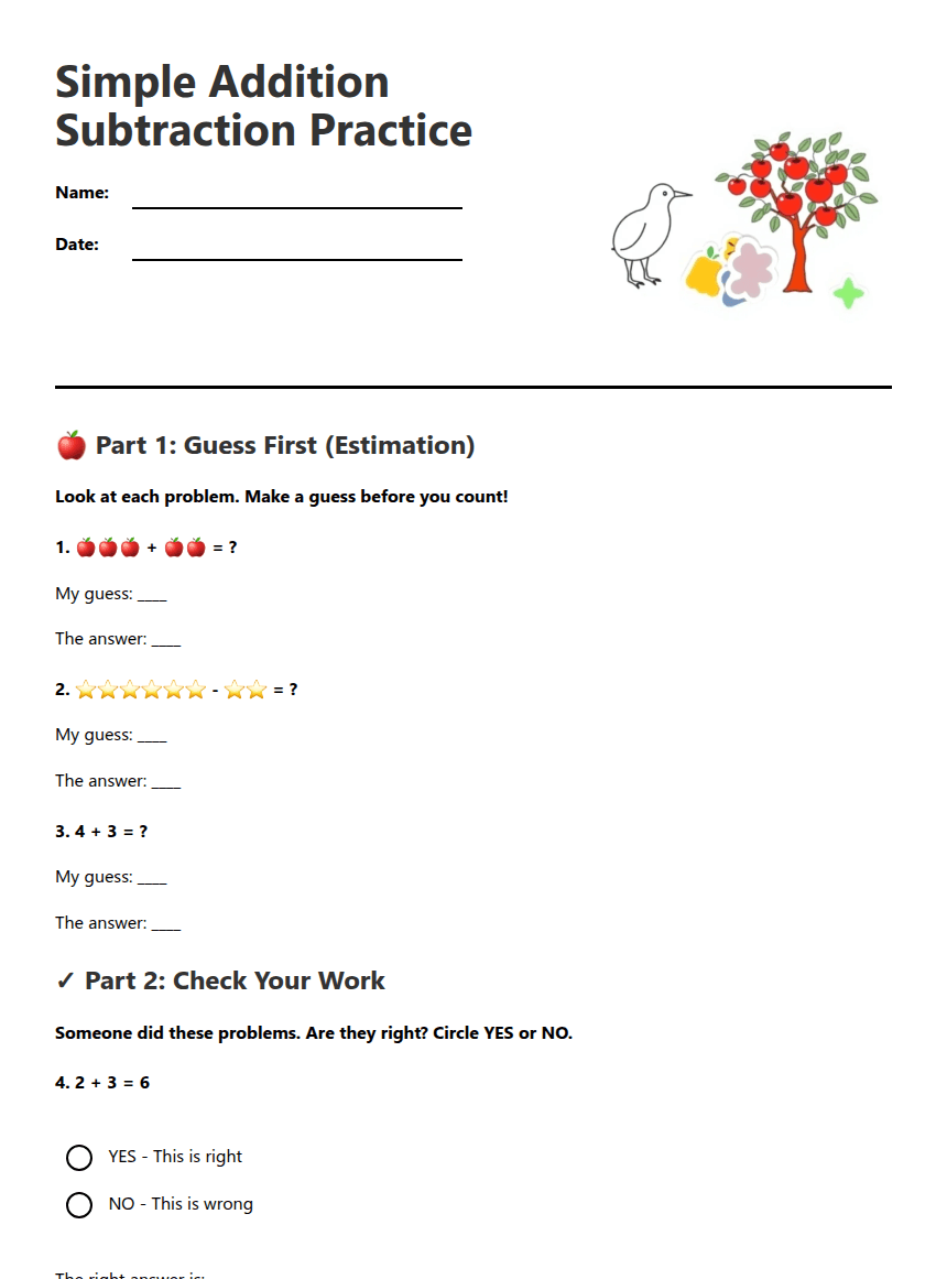 Simple Addition Subtraction Practice worksheet preview