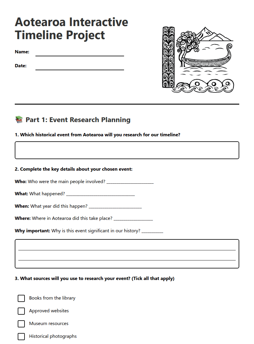 Aotearoa Interactive Timeline Project worksheet preview