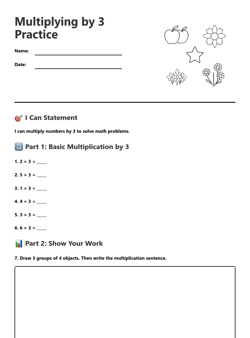 Multiplying by 3 Practice worksheet preview