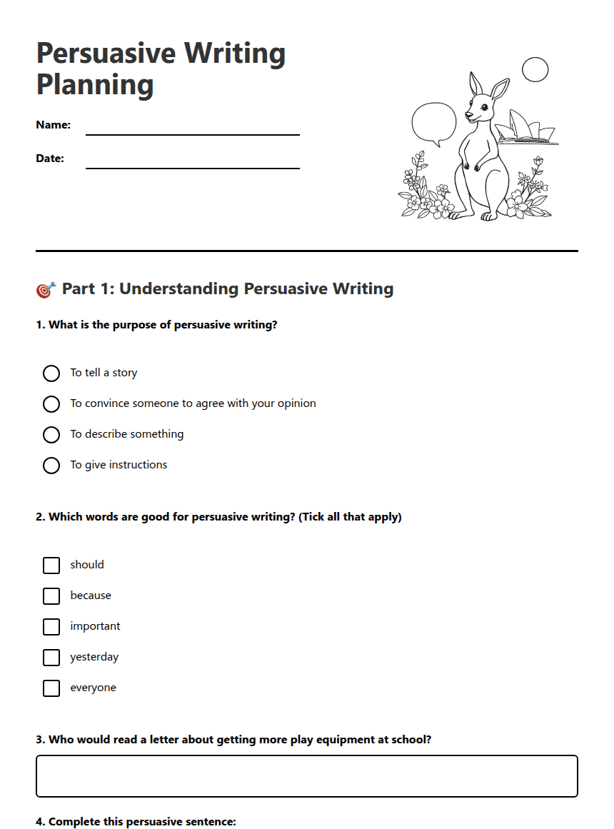 Persuasive Writing Planning worksheet preview
