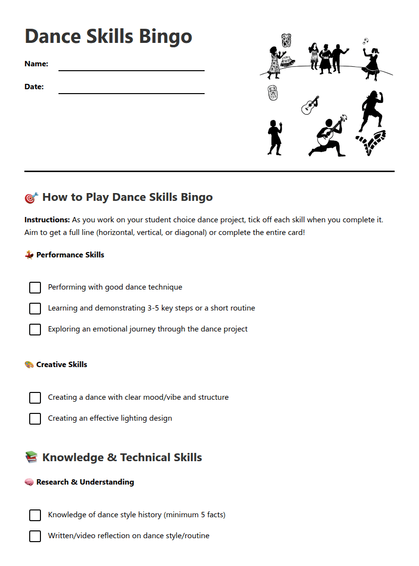 Dance Skills Bingo worksheet preview