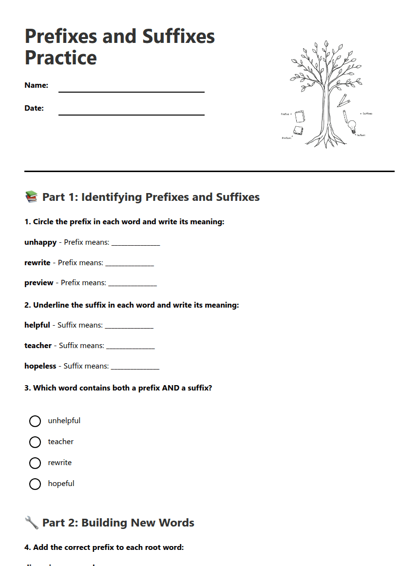 Prefixes and Suffixes Practice worksheet preview
